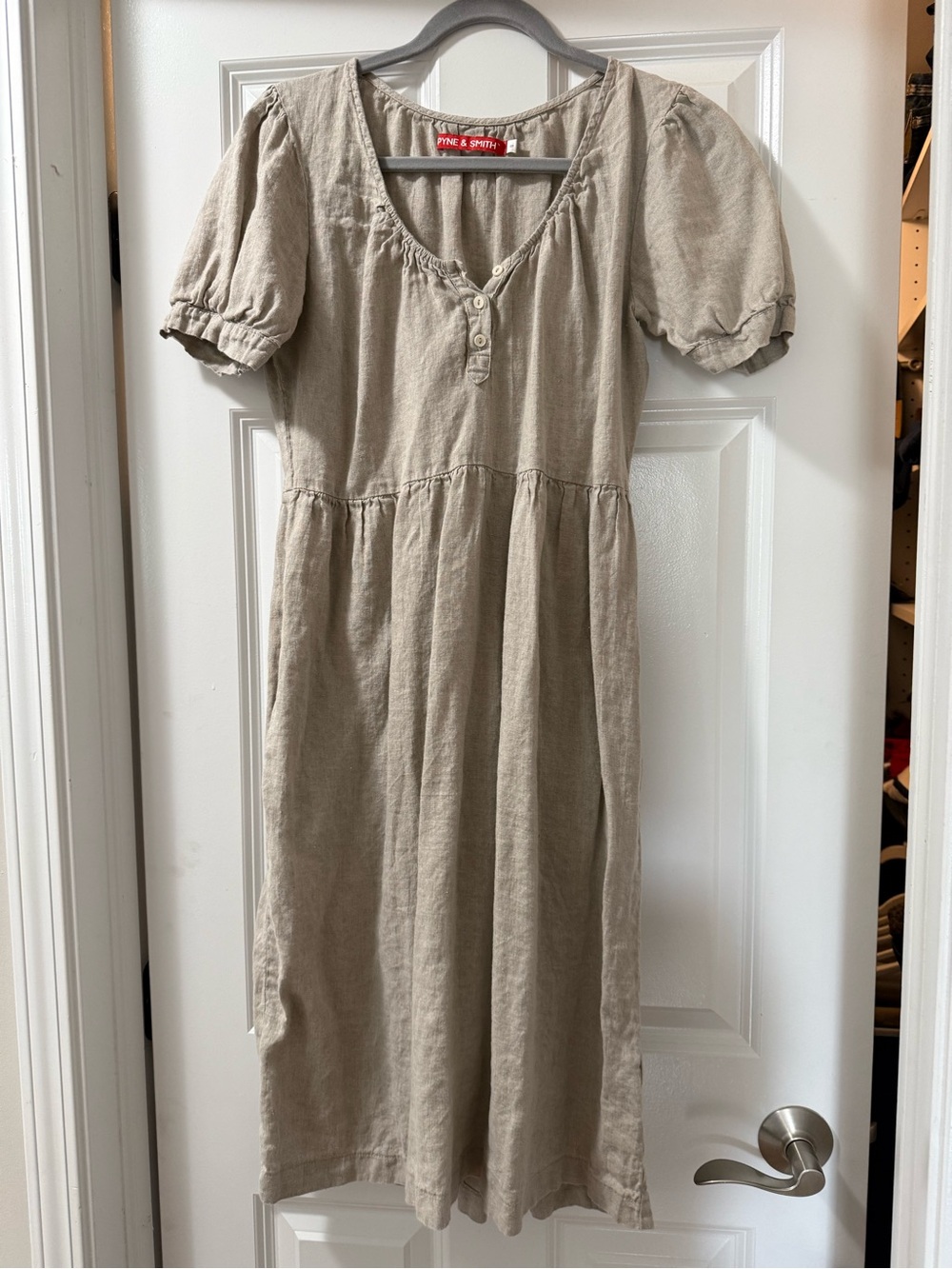 Pyne and Smith linen puff sleeve midi dress oatmeal size small